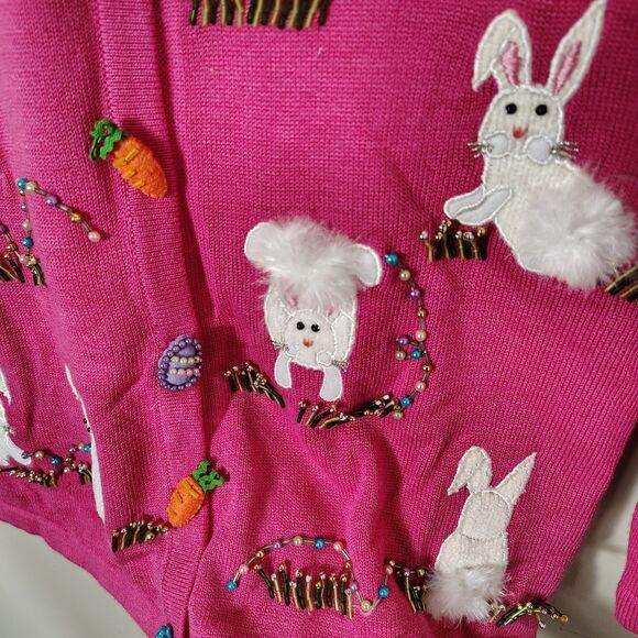 Vtg Jack B. Quick Bunny Rabbit Easter Eggs Cardigan Womens Bright Beaded Small P - Picture 5 of 9